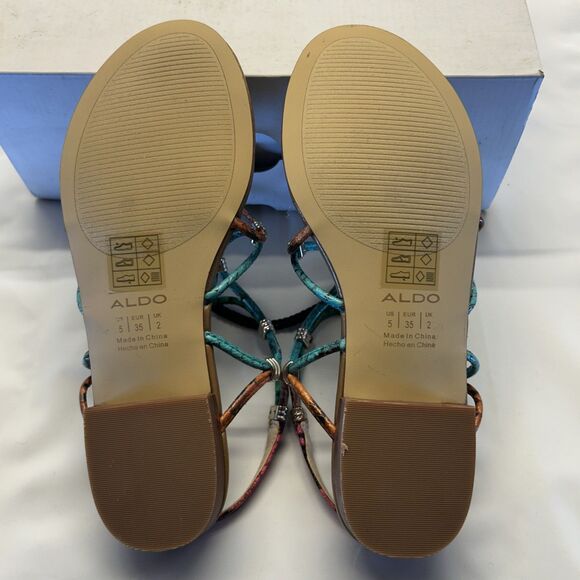ALDO Snake Print Multi Color Strappy Flat Gold Accents Women SZ 5 New in Box - Picture 5 of 9